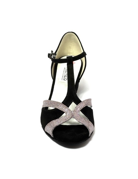 Scarpa da ballo donna latino americano ballo da sala liscio tango camoscio nero glitter arcobaleno suola bufalo tacco 40 largo