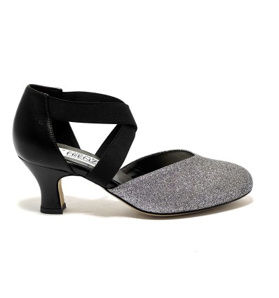 Scarpa da ballo donna ballo da sala liscio latino tango glitter canna di fucile pelle nero elastici suola cuoio tacco 50