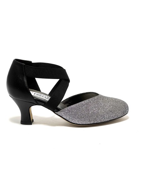 Scarpa da ballo donna ballo da sala liscio latino tango glitter canna di fucile pelle nero elastici suola cuoio tacco 50