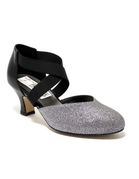 Scarpa da ballo donna ballo da sala liscio latino tango glitter canna di fucile pelle nero elastici suola cuoio tacco 50