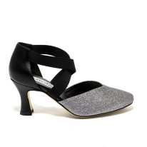 Scarpa da ballo donna ballo da sala liscio latino tango glitter canna di fucile pelle nero elastici suola cuoio tacco 70