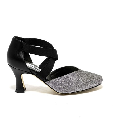 Scarpa da ballo donna ballo da sala liscio latino tango glitter canna di fucile pelle nero elastici suola cuoio tacco 70