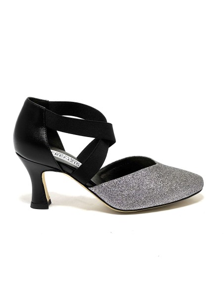 Scarpa da ballo donna ballo da sala liscio latino tango glitter canna di fucile pelle nero elastici suola cuoio tacco 70