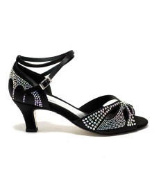 Scarpa da ballo donna latino raso nero tutta strass suola cuoio tacco 60 