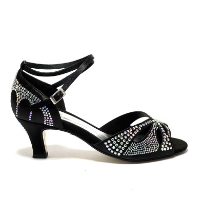 Scarpa da ballo donna latino raso nero tutta strass suola cuoio tacco 60 