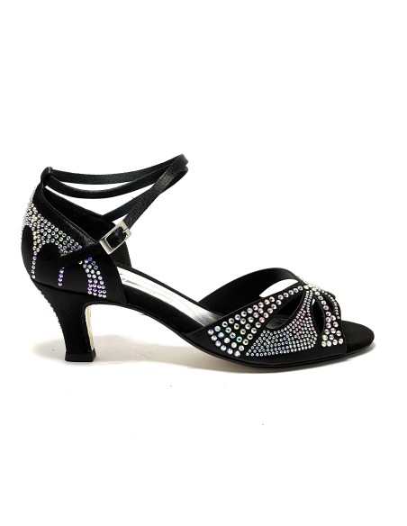 Scarpa da ballo donna latino raso nero tutta strass suola cuoio tacco 60 