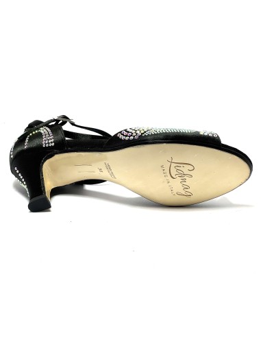 Scarpa da ballo donna latino raso nero tutta strass suola cuoio tacco 60 