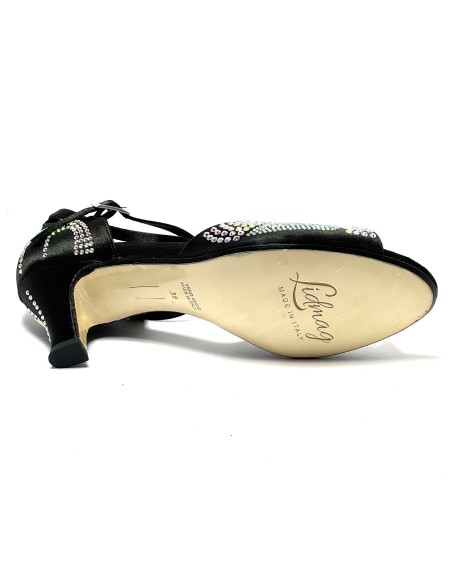 Scarpa da ballo donna latino raso nero tutta strass suola cuoio tacco 60 