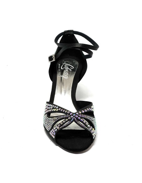 Scarpa da ballo donna latino raso nero tutta strass suola cuoio tacco 60 