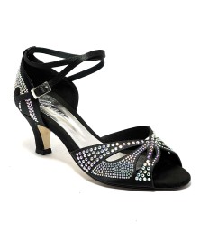 Scarpa da ballo donna latino americano liscio  tango spuntata raso nero tutta strass suola cuoio tacco 60