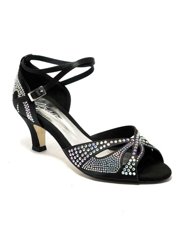 Scarpa da ballo donna latino raso nero tutta strass suola cuoio tacco 60 