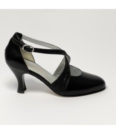 Scarpa da ballo donna ballo da sala liscio standard pelle glitter nero suola cuoio tacco 70 rocchetto