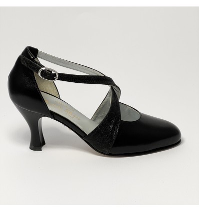 Scarpa da ballo donna ballo da sala liscio standard pelle glitter nero suola cuoio tacco 70 rocchetto