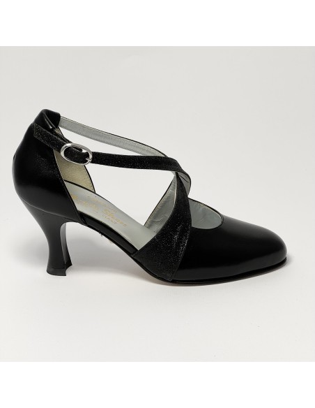 Scarpa da ballo donna ballo da sala liscio standard pelle glitter nero suola cuoio tacco 70 rocchetto