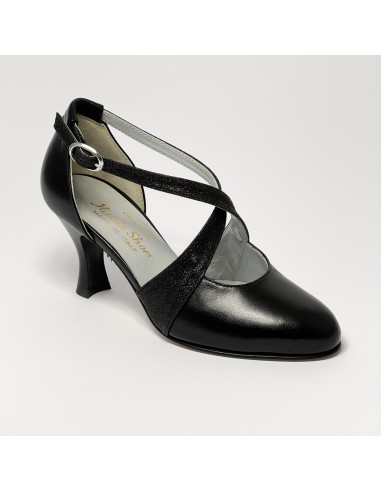 Scarpa da ballo donna ballo da sala liscio standard pelle glitter nero suola cuoio tacco 70 rocchetto