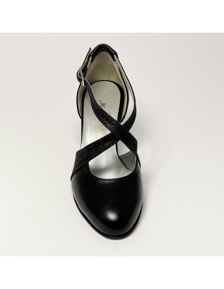 Scarpa da ballo donna ballo da sala liscio standard pelle glitter nero suola cuoio tacco 70 rocchetto