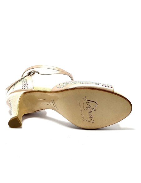 Scarpa da ballo donna latino americano ballo da sala liscio tango raso cipria strass boreali suola cuoio tacco 70 rocchetto