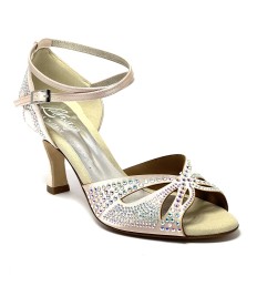 Scarpa da ballo donna latino americano ballo da sala liscio tango raso cipria strass boreali suola cuoio tacco 70 rocchetto