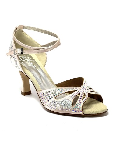 Scarpa da ballo donna latino americano ballo da sala liscio tango raso cipria strass boreali suola cuoio tacco 70 rocchetto