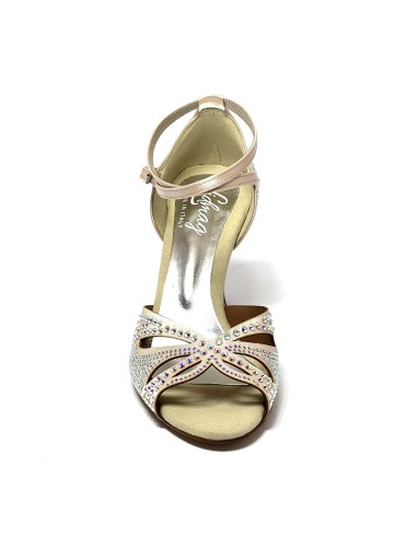Scarpa da ballo donna latino americano ballo da sala liscio tango raso cipria strass boreali suola cuoio tacco 70 rocchetto