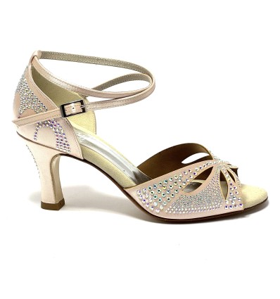 Scarpa da ballo donna latino americano ballo da sala liscio tango raso cipria strass boreali suola cuoio tacco 70 rocchetto