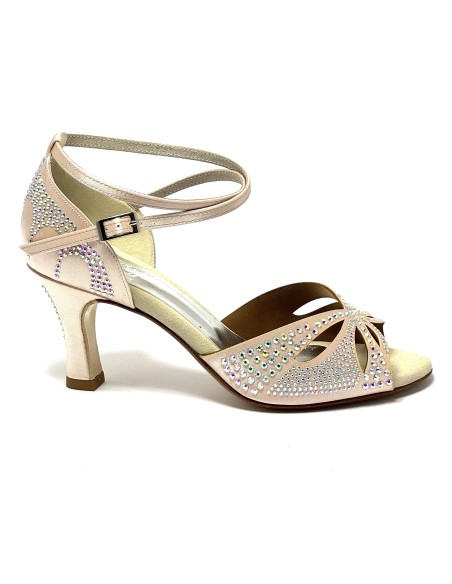 Scarpa da ballo donna latino americano ballo da sala liscio tango raso cipria strass boreali suola cuoio tacco 70 rocchetto