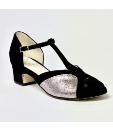 Scarpa da ballo donna latino liscio spuntata camoscio nero glitter arcobaleno suola cuoio tacco 40