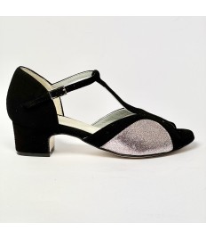 Scarpa da ballo donna latino liscio spuntata camoscio nero glitter arcobaleno suola cuoio tacco 40