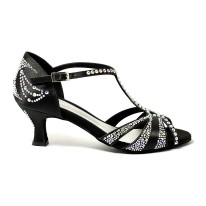 Scarpa da ballo donna latino americano ballo da sala liscio raso nero strass boreali suola bufalo tacco 60 rocchetto