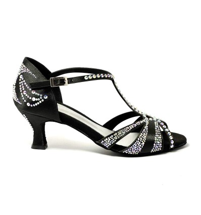 Scarpa da ballo donna latino americano ballo da sala liscio raso nero strass boreali suola bufalo tacco 60 rocchetto