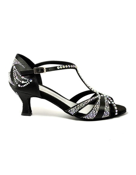 Scarpa da ballo donna latino americano ballo da sala liscio raso nero strass boreali suola bufalo tacco 60 rocchetto