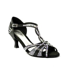 Scarpa da ballo donna latino americano ballo da sala liscio raso nero strass boreali suola bufalo tacco 60 rocchetto