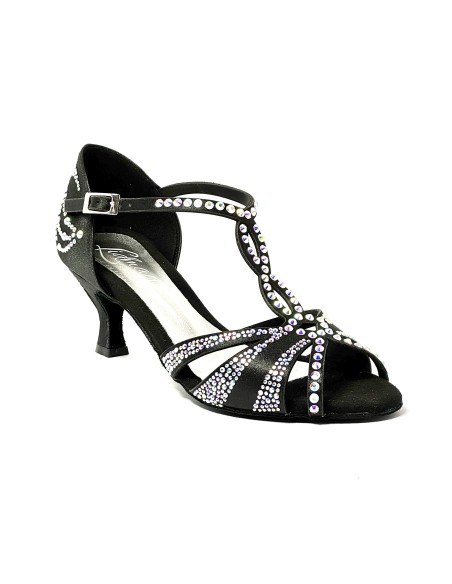 Scarpa da ballo donna latino americano ballo da sala liscio raso nero strass boreali suola bufalo tacco 60 rocchetto