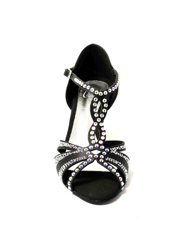 Scarpa da ballo donna latino americano ballo da sala liscio raso nero strass boreali suola bufalo tacco 60 rocchetto