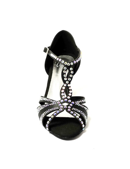 Scarpa da ballo donna latino americano ballo da sala liscio raso nero strass boreali suola bufalo tacco 60 rocchetto
