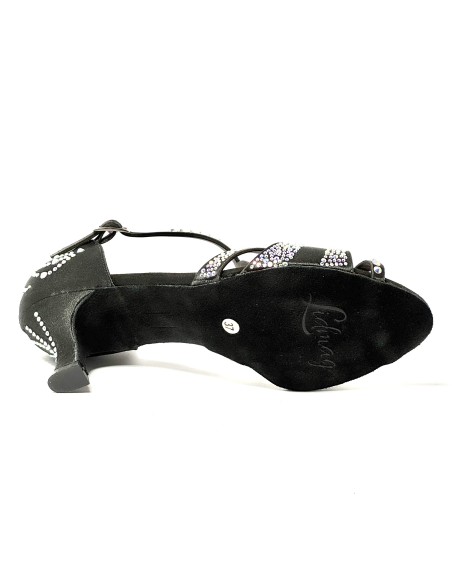 Scarpa da ballo donna latino americano ballo da sala liscio raso nero strass boreali suola bufalo tacco 60 rocchetto