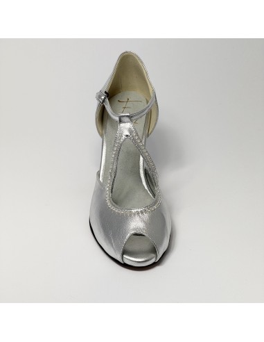 Scarpa da ballo donna latino americano ballo da sala liscio pelle argento strass suola bufalo tacco 70 rocchetto