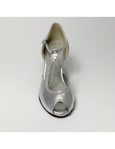 Scarpa da ballo donna latino americano ballo da sala liscio pelle argento strass suola bufalo tacco 70 rocchetto