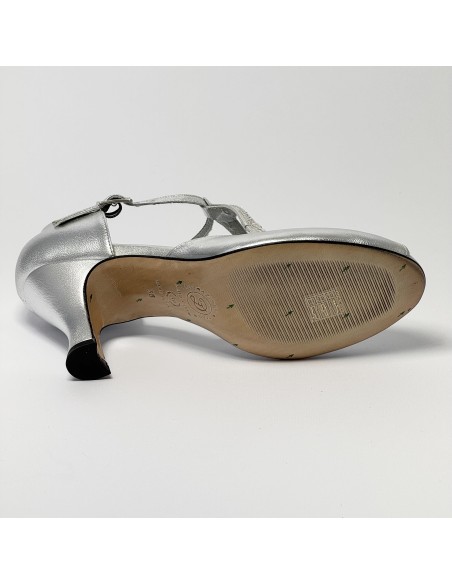 Scarpa da ballo donna latino americano ballo da sala liscio pelle argento strass suola bufalo tacco 70 rocchetto
