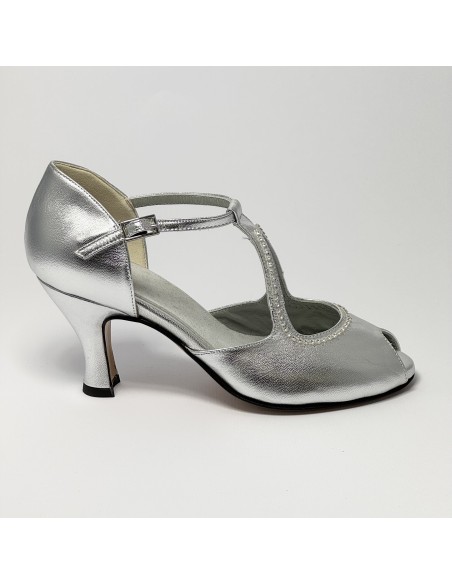 Scarpa da ballo donna latino americano ballo da sala liscio pelle argento strass suola bufalo tacco 70 rocchetto