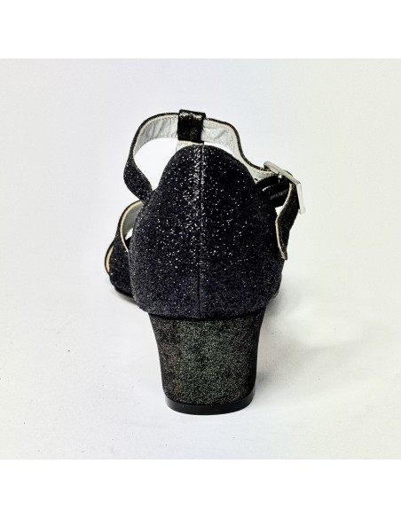 Spuntata nabuk nero/bronzo glitter nero suola cuoio tacco 30 largo