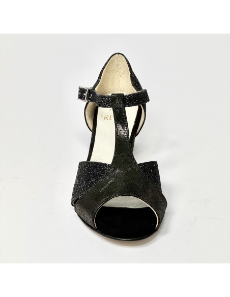 Spuntata nabuk nero/bronzo glitter nero suola cuoio tacco 30 largo