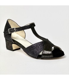 Scarpa da ballo donna latino liscio spuntata nabuk nero/bronzo glitter nero sottopiede Memory suola cuoio tacco 30 largo