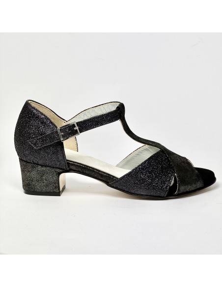 Spuntata nabuk nero/bronzo glitter nero suola cuoio tacco 30 largo