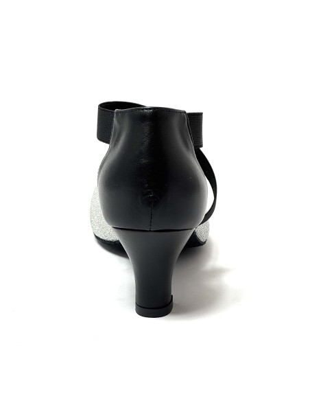 Scarpa da ballo donna ballo da sala liscio latino tango tessuto argento pelle nera elastici memory suola bufalo tacco 50