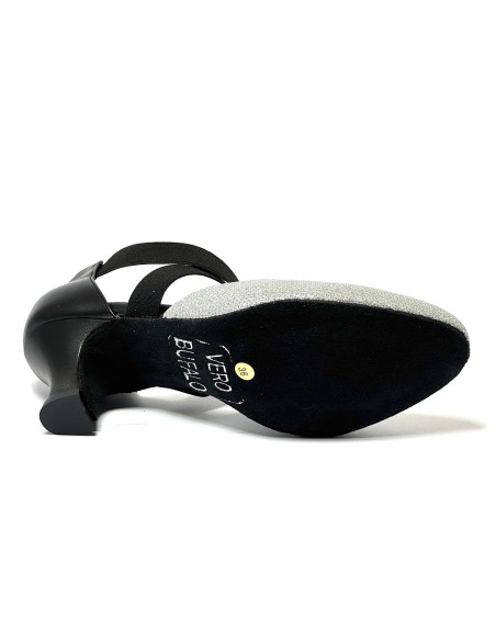 Scarpa da ballo donna ballo da sala liscio latino tango tessuto argento pelle nera elastici memory suola bufalo tacco 50