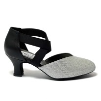 Scarpa da ballo donna ballo da sala liscio latino tango tessuto argento pelle nera elastici memory suola bufalo tacco 50