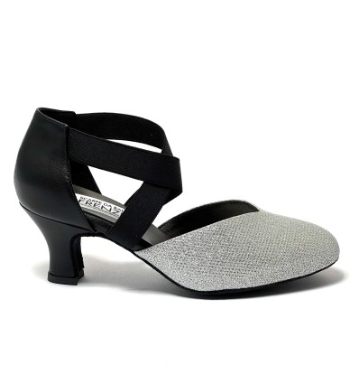 Scarpa da ballo donna ballo da sala liscio latino tango tessuto argento pelle nera elastici memory suola bufalo tacco 50