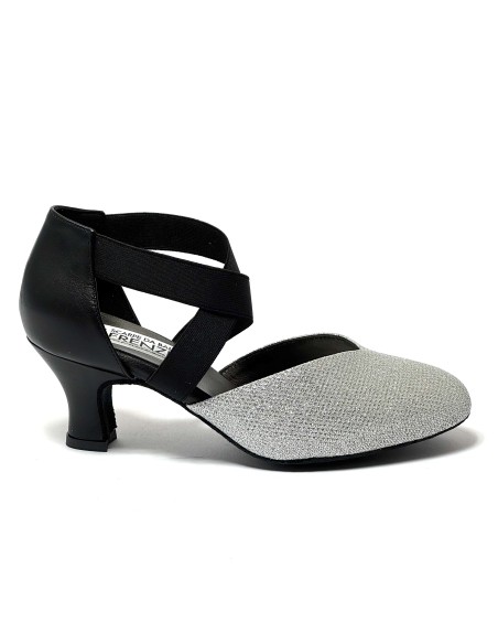 Scarpa da ballo donna ballo da sala liscio latino tango tessuto argento pelle nera elastici memory suola bufalo tacco 50