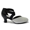 Scarpa da ballo donna ballo da sala liscio latino tango tessuto argento pelle nera elastici memory suola bufalo tacco 50
